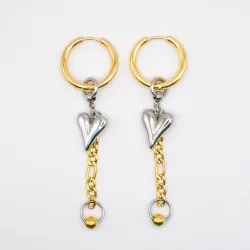 Miniature du produit Boucles d'oreilles dorées et argentées Cœur et Chaîne en Acier Inoxydable #1