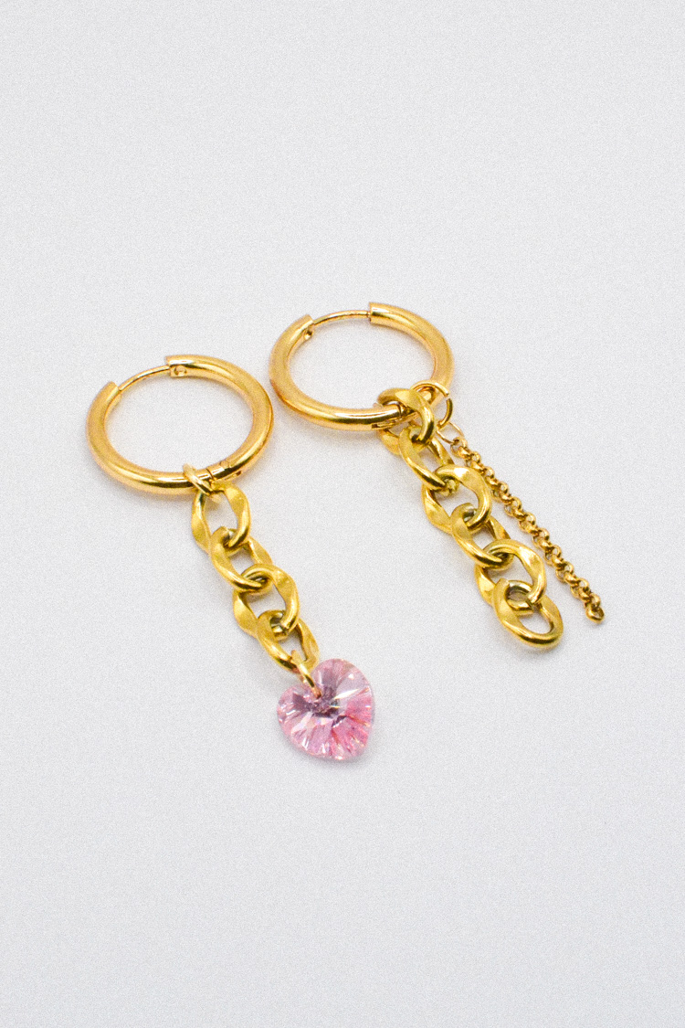 Photo du bijoux :  Boucles d'Oreilles Pendantes en Acier Inoxydable doré avec Cœur en PureCrystal Rose #2