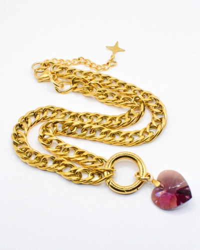 Miniature du produit Collier chaîne maille gourmette limée dorée et coeur PureCrystal violet #1