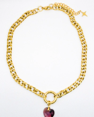 Miniature du produit Collier chaîne maille gourmette limée dorée et coeur PureCrystal violet #2