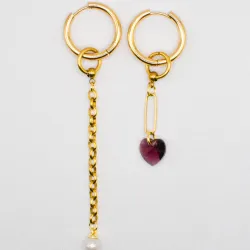 Miniature du produit Boucles d’oreilles asymétriques « Goldrush » - Acier inoxydable doré, cœur en cristal et perle #1