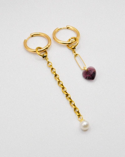 Miniature du produit Boucles d’oreilles asymétriques « Goldrush » - Acier inoxydable doré, cœur en cristal et perle #2