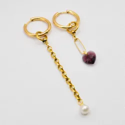 Miniature du produit Boucles d’oreilles asymétriques « Goldrush » - Acier inoxydable doré, cœur en cristal et perle #2
