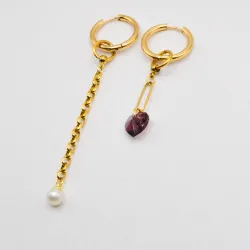 Miniature du produit Boucles d’oreilles asymétriques « Goldrush » - Acier inoxydable doré, cœur en cristal et perle #3