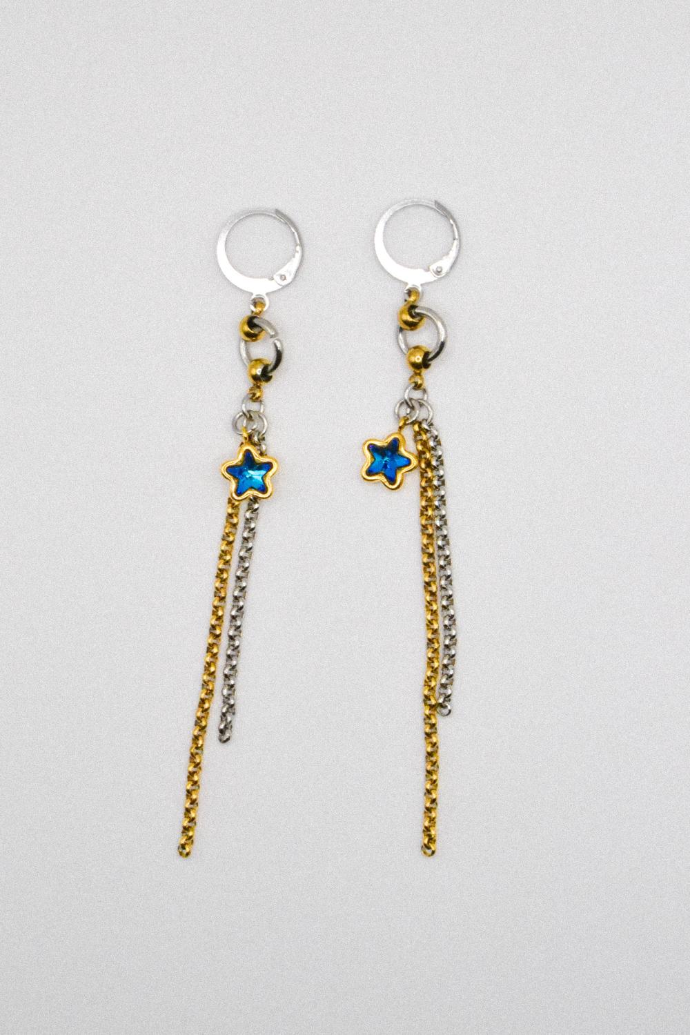 Photo du bijoux :  Boucles d'oreilles "Hot & Cold" - acier inoxydable doré et argenté et étoile bleue #1