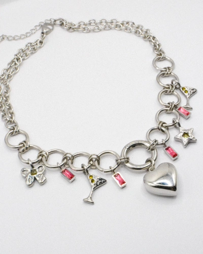 Photo du bijoux :  Collier “Party Girl” – Charms cœur & cocktail en acier argenté