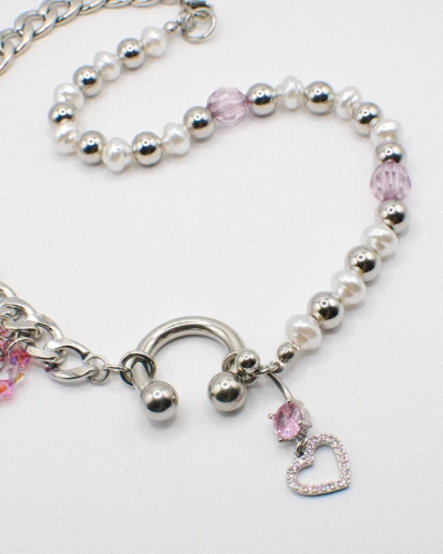 Miniature du produit Collier “Kitty Chain” – Chaîne argentée, perles et cœur rose - Pièce unique perles upcyclées #3